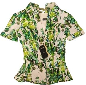 Corset Story NWT Tropical Leaf Print Short Sleeve Button Down Corset Shirt UK 24